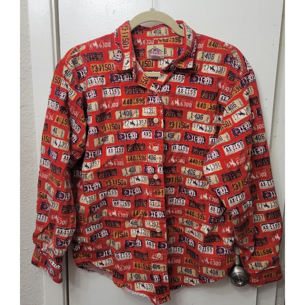Barn Fly Mens Long Sleeve Button Up shirt- Red With State License Plates Medium